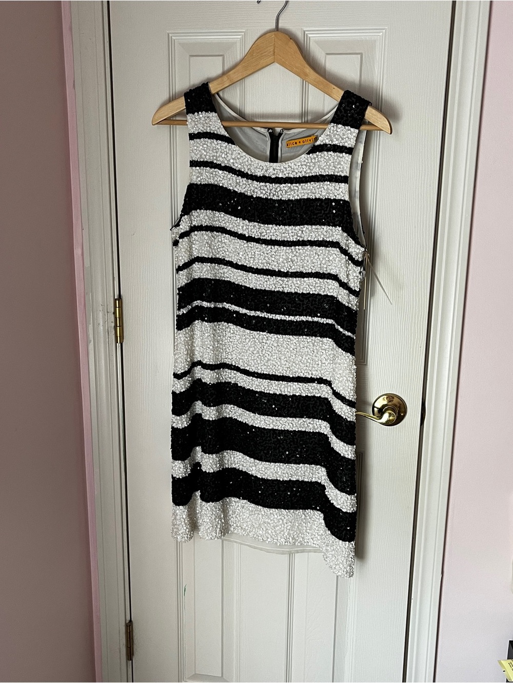Alice + Olivia Silk Sequined Black & White Stripe Sleeveless Dress